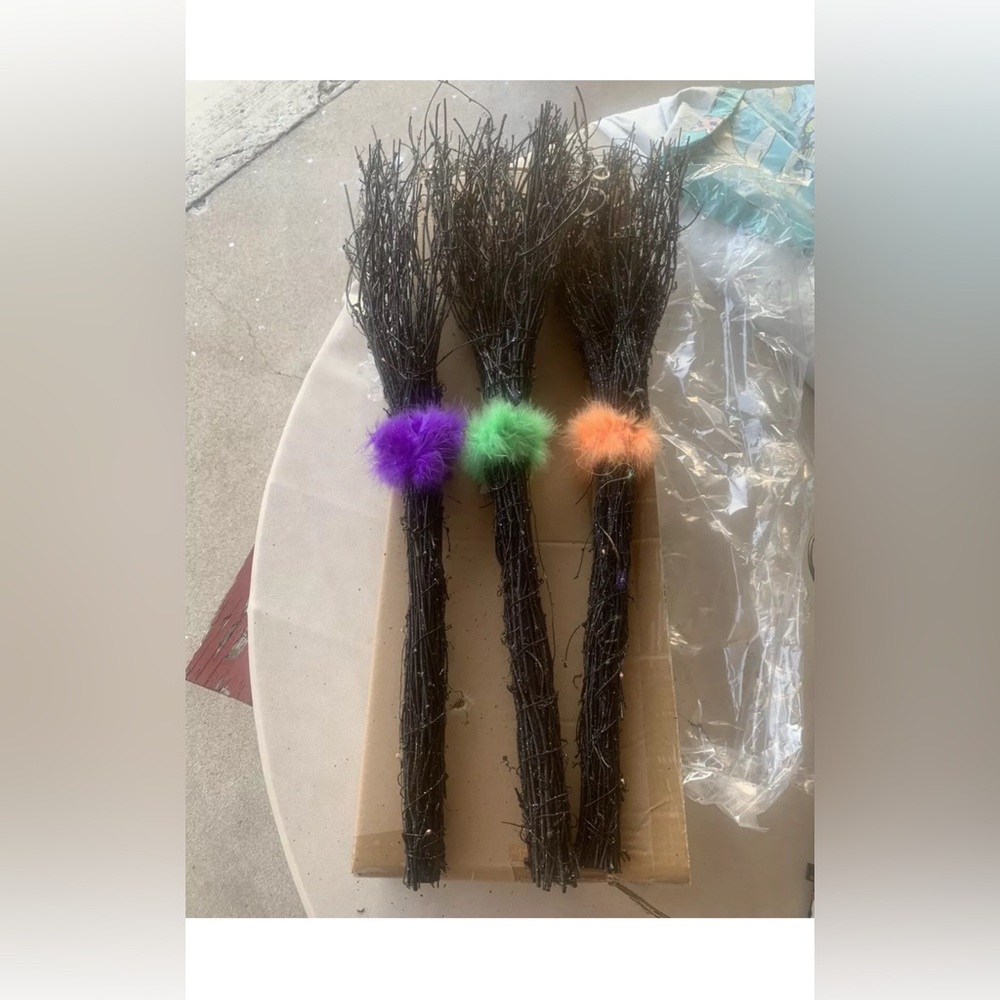 Set of 3 Lighted Witch Brooms With Orange Lights Halloween Decoration